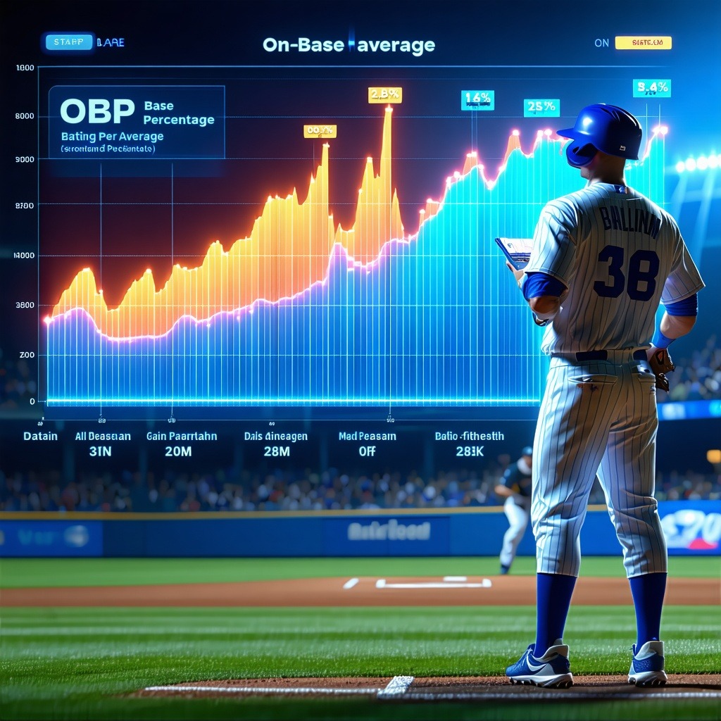 야구 선수가 홈플레이트 근처에서 커다란 OBP 그래프를 바라보고 있다