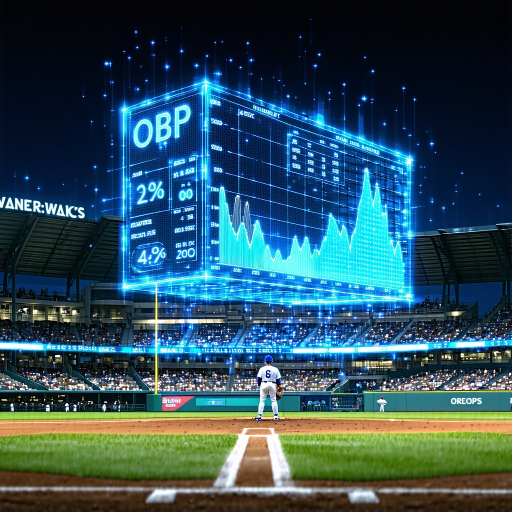 야구 경기장 상공에 OBP 통계가 홀로그램으로 떠 있는 모습