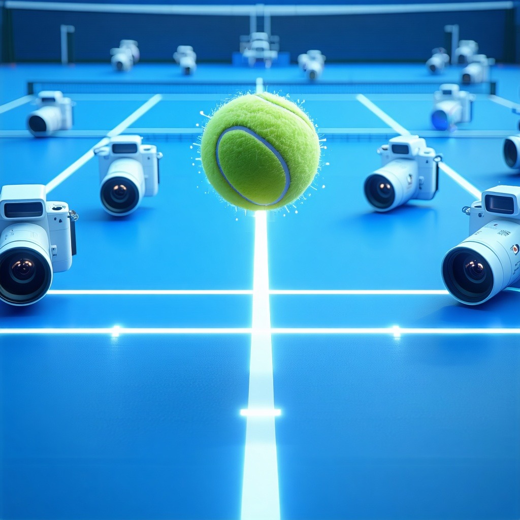 여러 대의 카메라가 설치된 코트 위에서 테니스 공이 공중에 떠 있다
