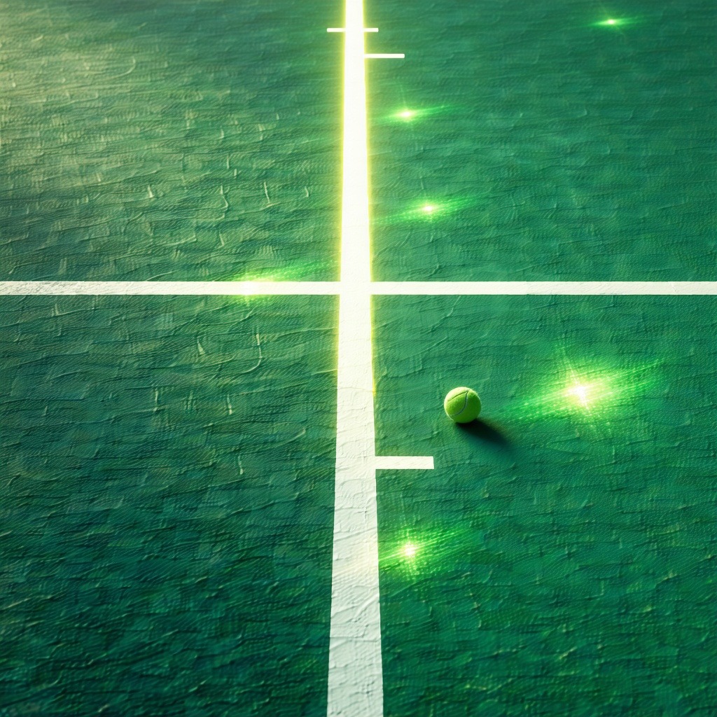 테니스 공이 라인 근처에 놓여 있고, 빛이 라인을 따라 반짝이고 있다