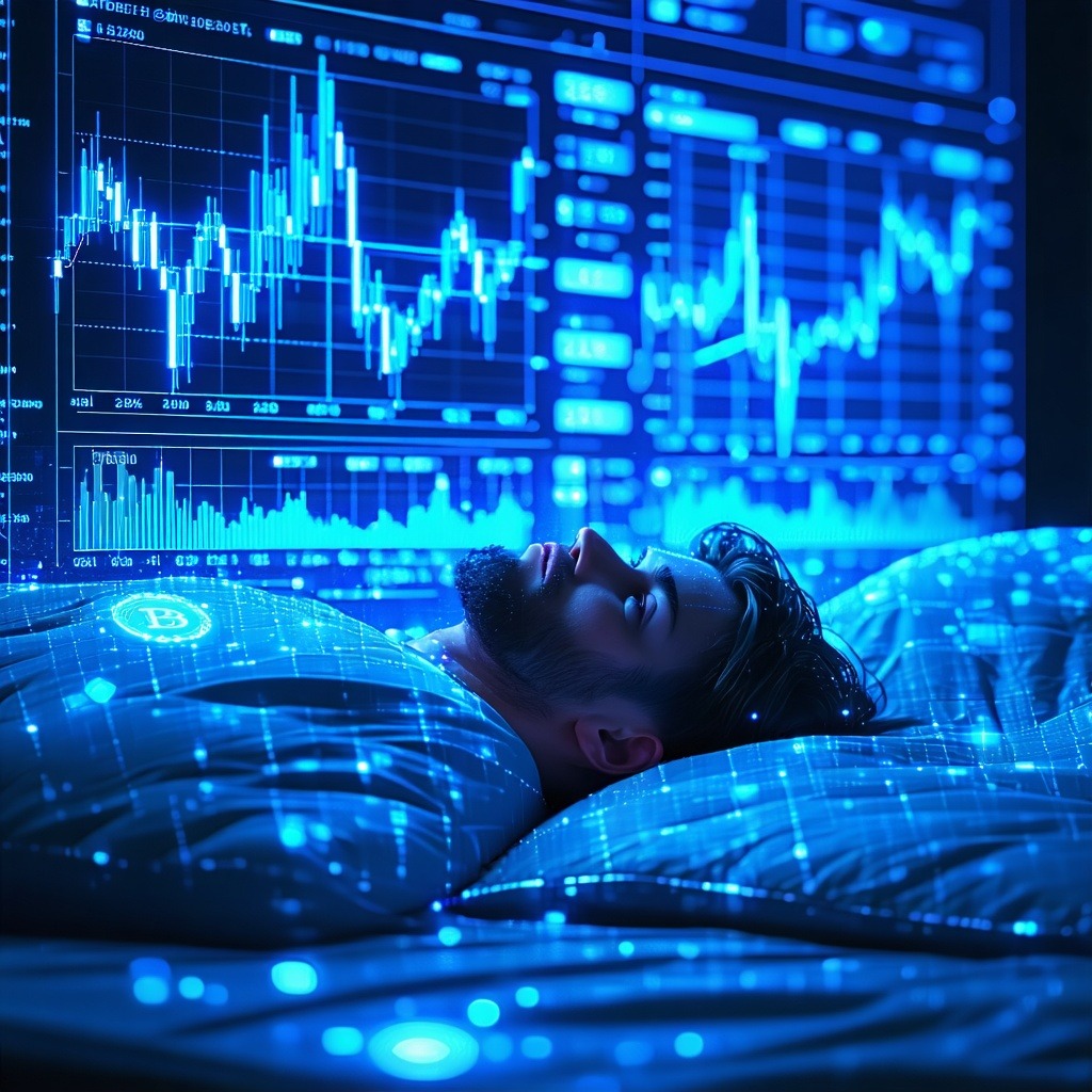 거대한 금융 차트가 비치는 방에서 남성이 침대에 누워 잠들어 있다