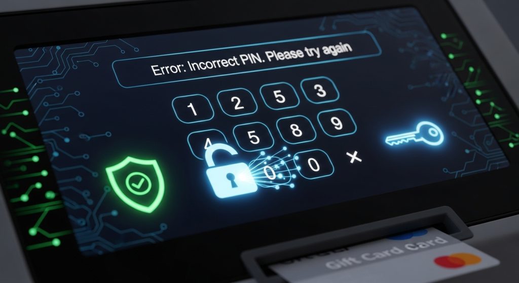 ATM 기기에서 잘못된 PIN 오류 메시지와 보안 자물쇠 아이콘이 표시된 화면
