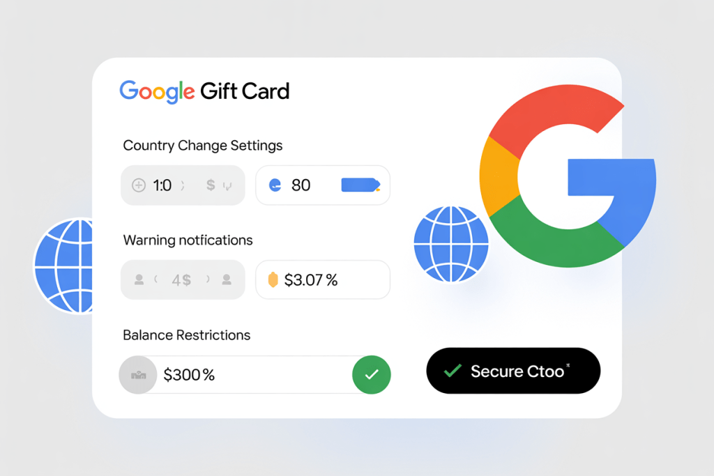 구글 기프트카드 국가 변경 설정, 잔액 제한 및 보안 알림 옵션 관리 화면.
