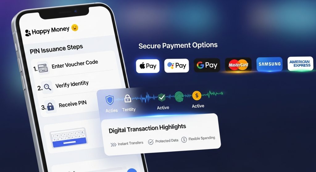 해피머니 PIN 발급 단계와 애플페이, 구글페이 등 안전한 결제 옵션을 보여주는 인터페이스.
