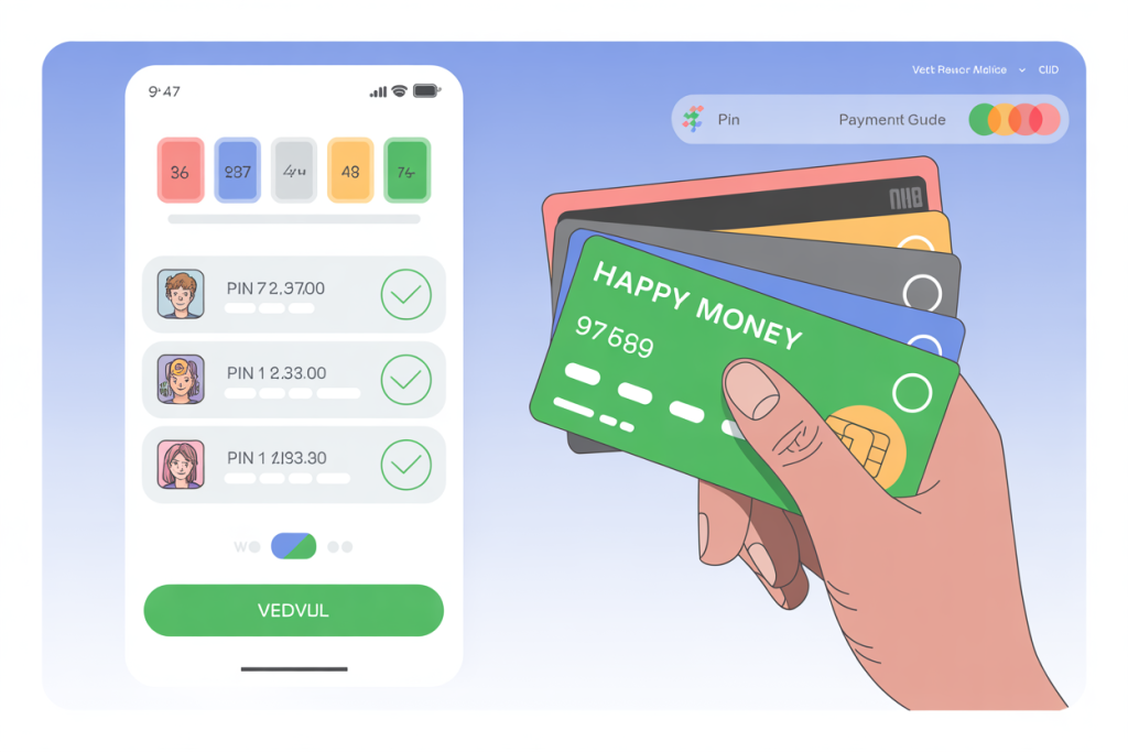 해피머니 카드를 들고 있는 손과 PIN 송금 목록이 표시된 모바일 결제 앱 화면.