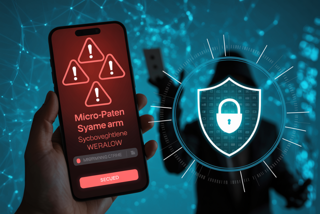 스마트폰 화면에 보안 경고와 방패 자물쇠 아이콘이 표시된 사이버 보안 개념 이미지.
