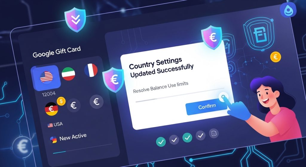 구글 기프트카드 국가 설정 업데이트 성공 메시지와 다국가 통화 선택 인터페이스.
