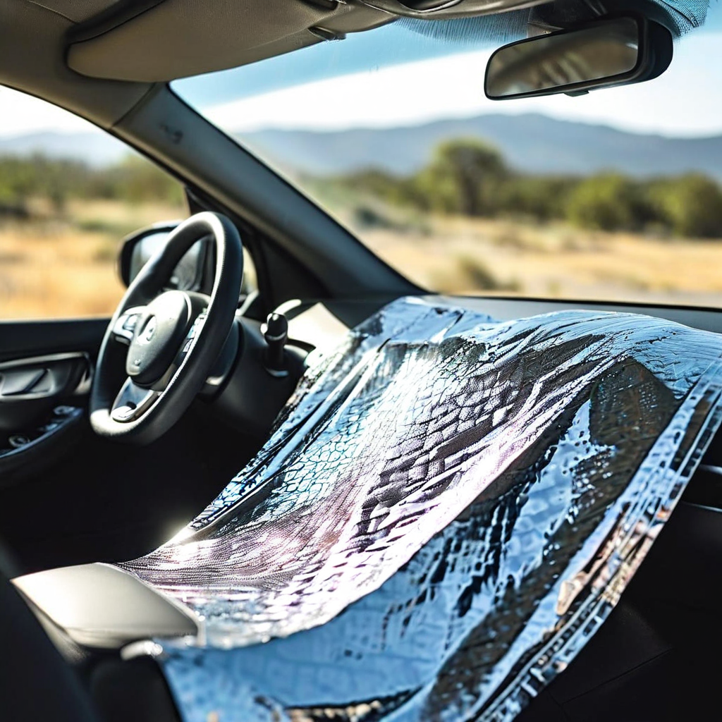 여름철 강렬한 햇빛 아래 반짝이는 은색 차량용 선쉐이드가 계기판을 완벽하게 가리며 자동차 실내 온도 관리와 운전자 편의에 필수적인 아이템임을 보여주는 이미지입니다.