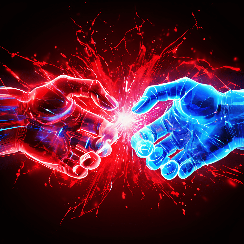 붉은색과 푸른색 에너지가 충돌하며 디지털 악수와 통신로가 조각 나는 모습이다.