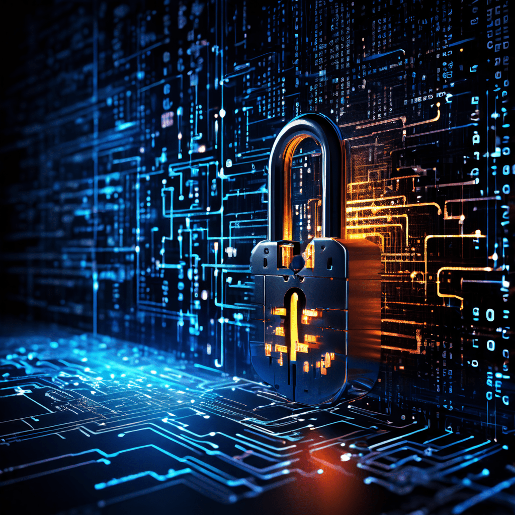 이진 코드로 만들어진 자물쇠와 열쇠가 빛나는 데이터 흐름을 통제하는 모습이다.