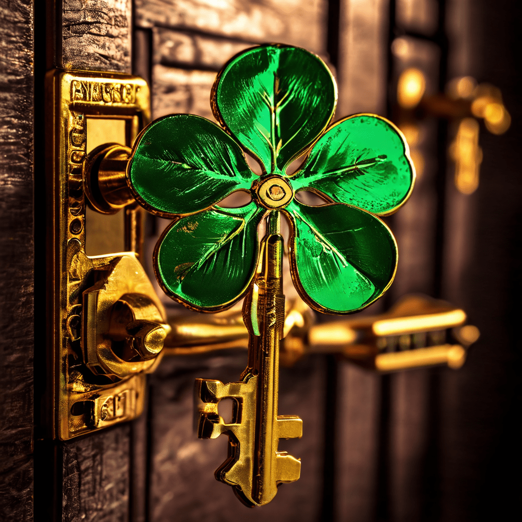 금색 열쇠로 열린 문 안쪽, 빛나는 뇌가 네잎클로버 대신 스프레드시트 위에 놓여 있어 성공은 계산된 것임을 보여줍니다.