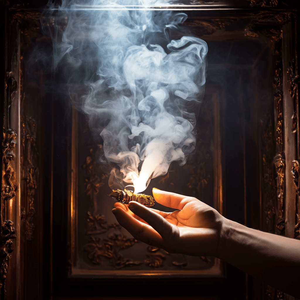 하얀 천장 환기구 사이로 누군가의 손이 타는 담배를 밀어 넣고, 연기가 깨끗한 유아실 안으로 스며드는 모습이다.