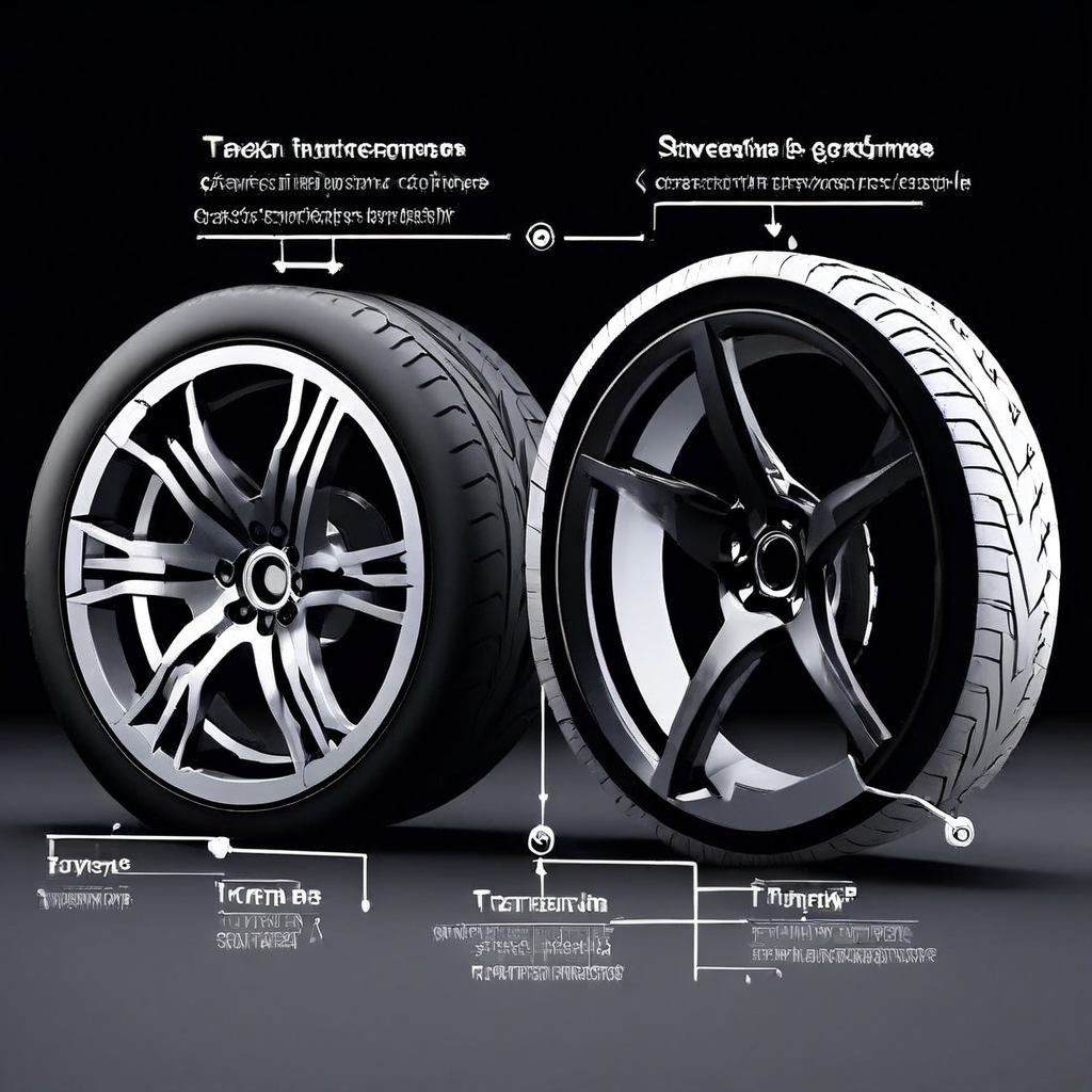 자동차 전륜 타이어의 마모 패턴이 서로 다른 구동 방식과 조향각에 따라 어떻게 변화하는지를 설명하는 다이어그램입니다.