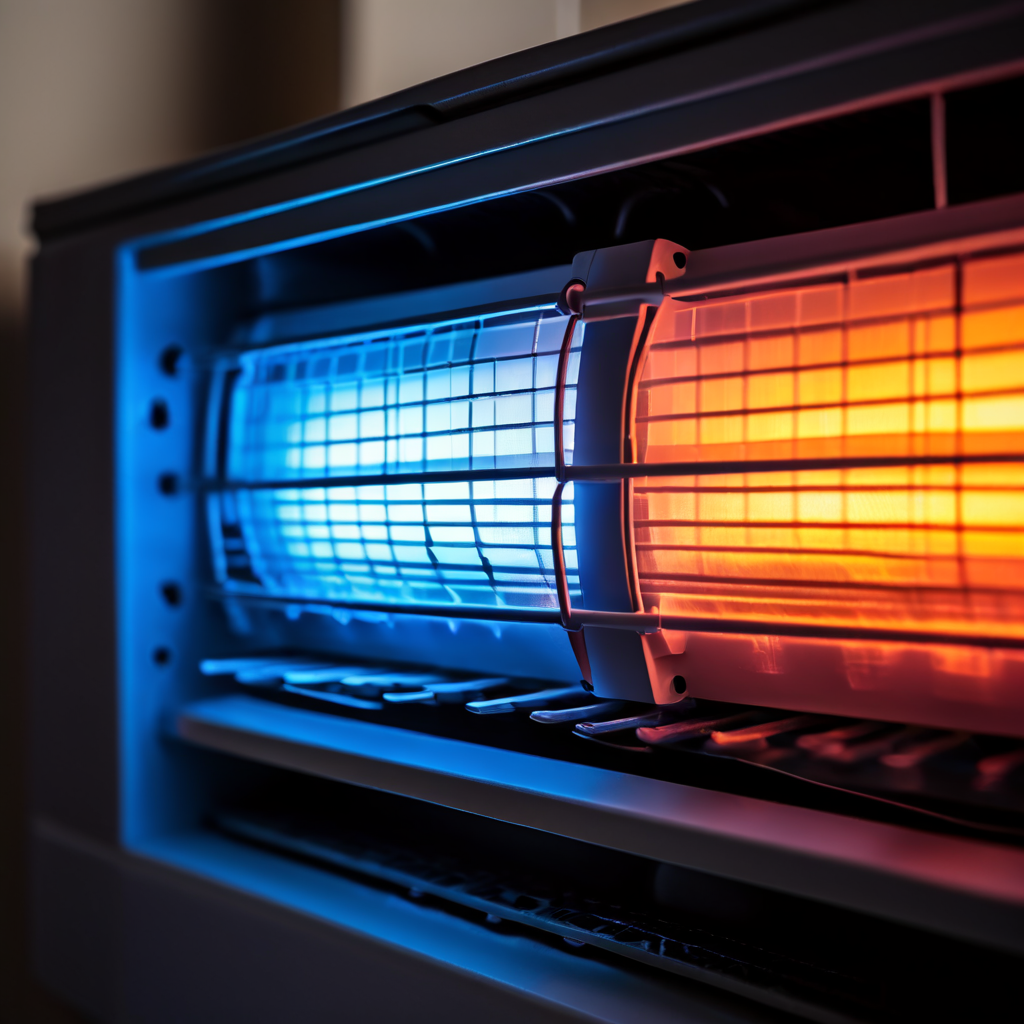 청정한 공기청정기 필터의 클로즈업으로, 높은 에너지 효율을 상징하는 빛과 강력한 냉방 장치, 낮은 전기 요금 그래프를 연결하여 에너지 절감 효과를 시각적으로 표현한 이미지입니다.