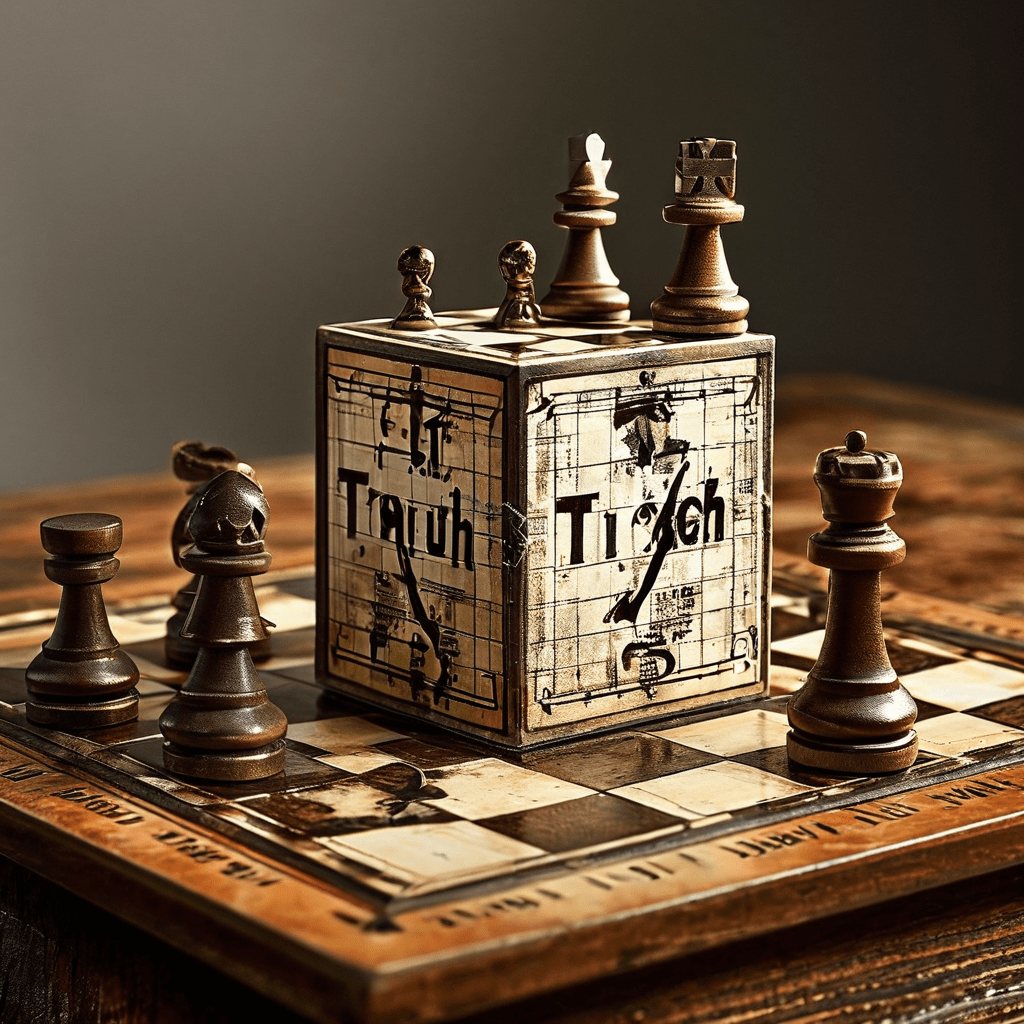 진실이라 적힌 칸에 갇힌 집 모양 체스 말과 시간을 세는 시계가 있는 중요한 체스 경기 장면이다.