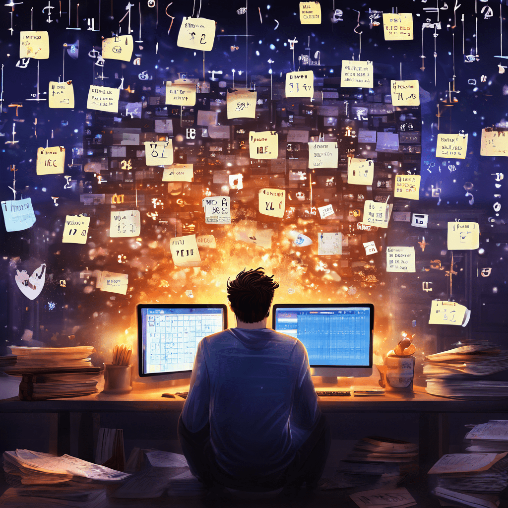 수많은 알림으로 어지러운 디지털 달력 속에서 생일 알림만이 두드러지게 빛나며, 지친 사람의 마음을 압도하는 모습이다.