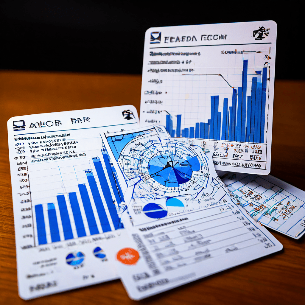 학생증이 변형되어 차트와 그래프가 가치와 비용 효율을 두고 격돌하는 복잡한 데이터 전장을 이루고 있습니다.