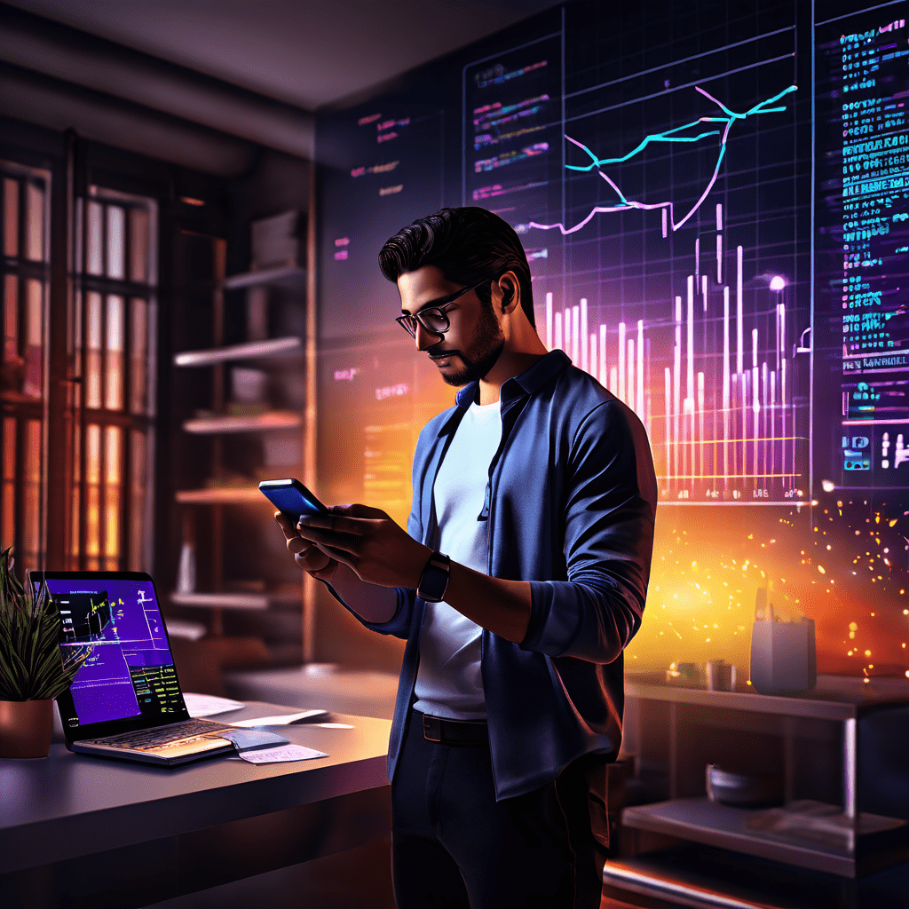 한 사람이 스마트폰으로 공과금을 납부하며 배경에는 빛나는 데이터 흐름과 그래프가 있는 이사 날 풍경이다.