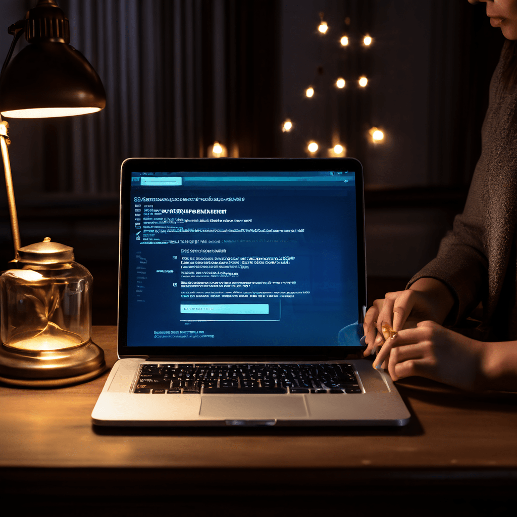 노트북 화면의 주민등록 등록 양식이 푸른 빛을 내며 확대경으로 중요한 디테일을 살펴보는 모습이다.